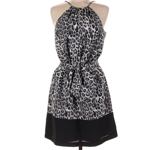 Express Dresses & Skirts - Express‎ Leopard Print Halter Dress Women's Medium Belted Black & White Lined